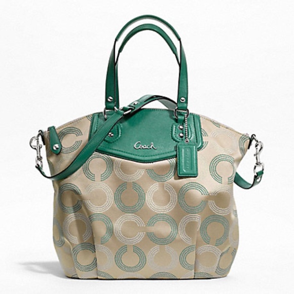 ASHLEY DOTTED OP ART NORTH/SOUTH SATCHEL (COACH F25183) SILVER/KHAKI/AEG… - Picture 1 of 17